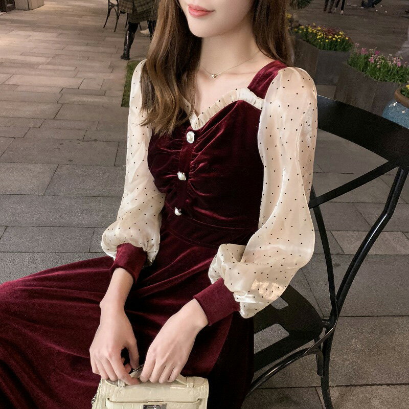 優雅復古酒紅色絲絨吊帶裙女2021年春季新款小性感收腰氣質連衣裙
