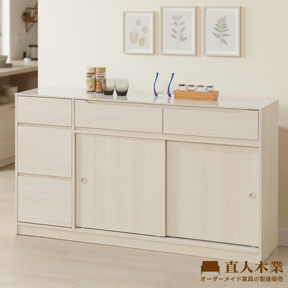 【直人木業】DA奶油白榆木亮面陶板滑門櫥櫃161公分