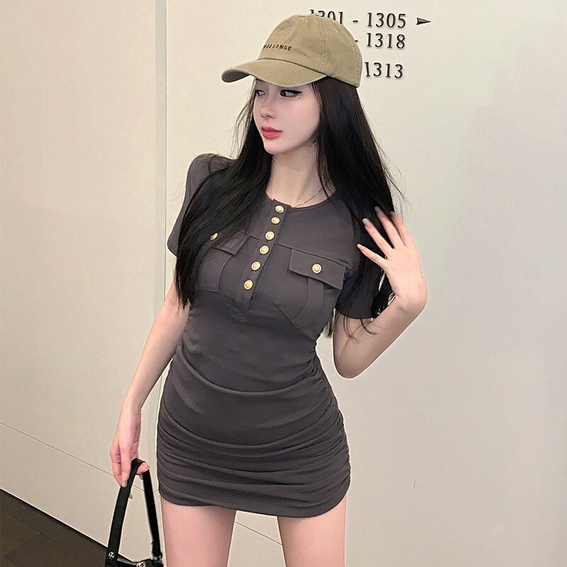 法式復古別致驚艷裙子短袖修身包臀緊身連衣裙女裝2022年夏季新款