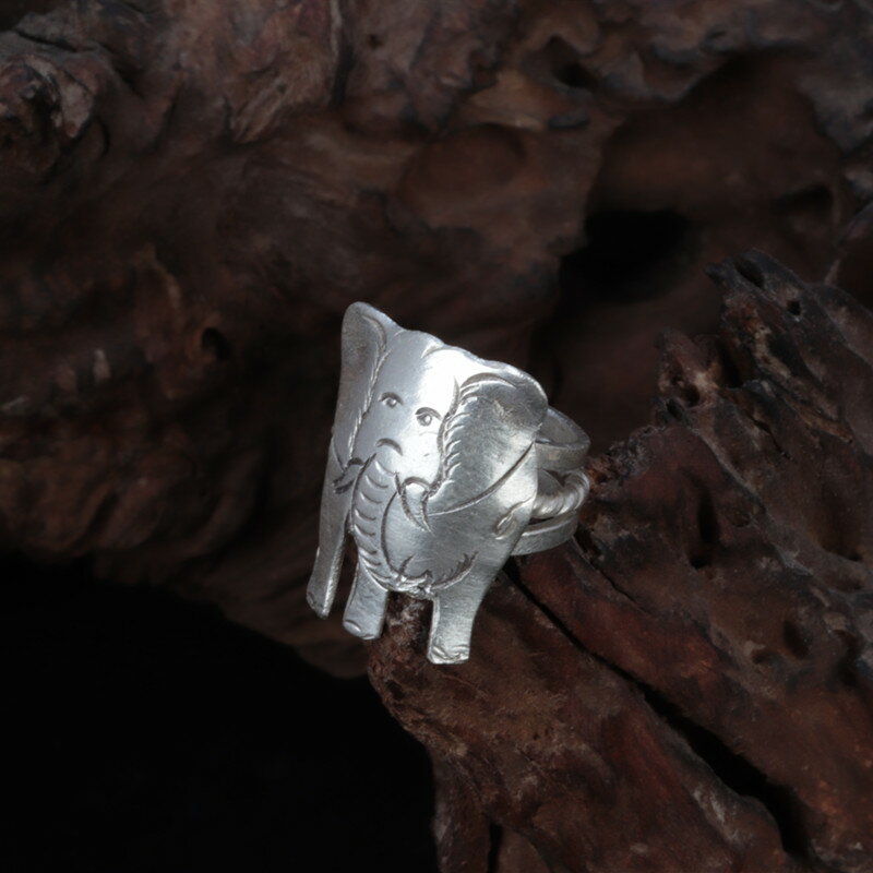 清邁手工銀戒指 S925純銀小象戒指 女簡約氣質復古夸張個性指環