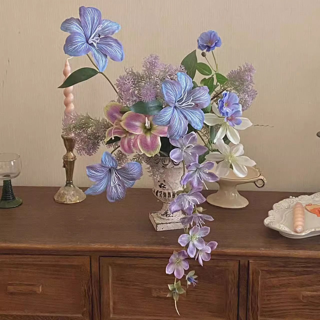 免運/快速出貨 仿真花擺件 假花 模擬盆栽 裝飾花藤 3d列印高質感法式復古仿真花假花束家居軟裝插花裝飾紫色花藝套餐 可開發票
