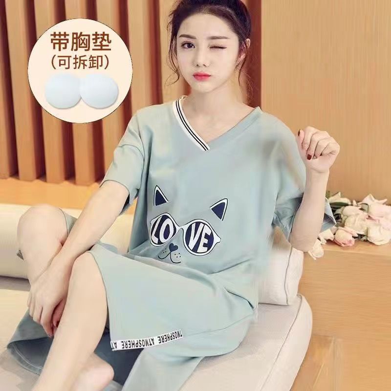 帶胸墊睡裙女短袖棉質學生韓版可愛大碼寬松中長款薄款家居服夏季新款【聚寶屋】