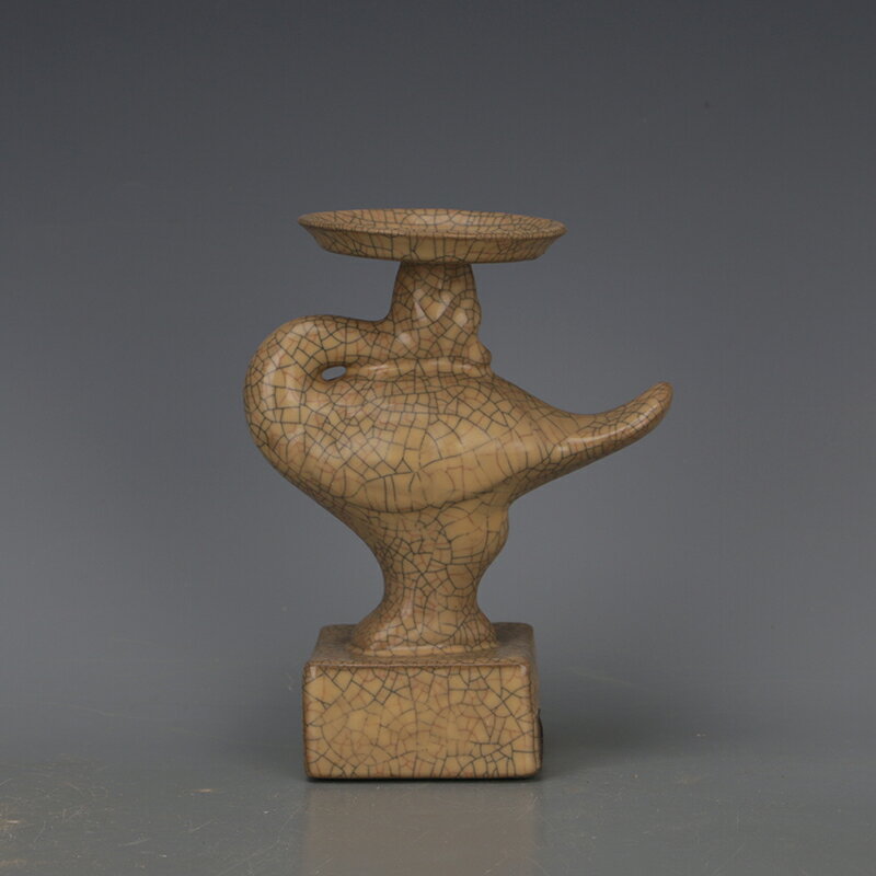 宋哥窯金絲鐵線黃釉鳳紋油燈 仿古清涼寺舊貨瓷器古玩家居擺件