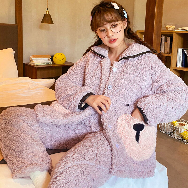 睡衣女冬季三層加厚夾棉睡衣女珊瑚絨法蘭絨秋冬保暖可外穿家居服