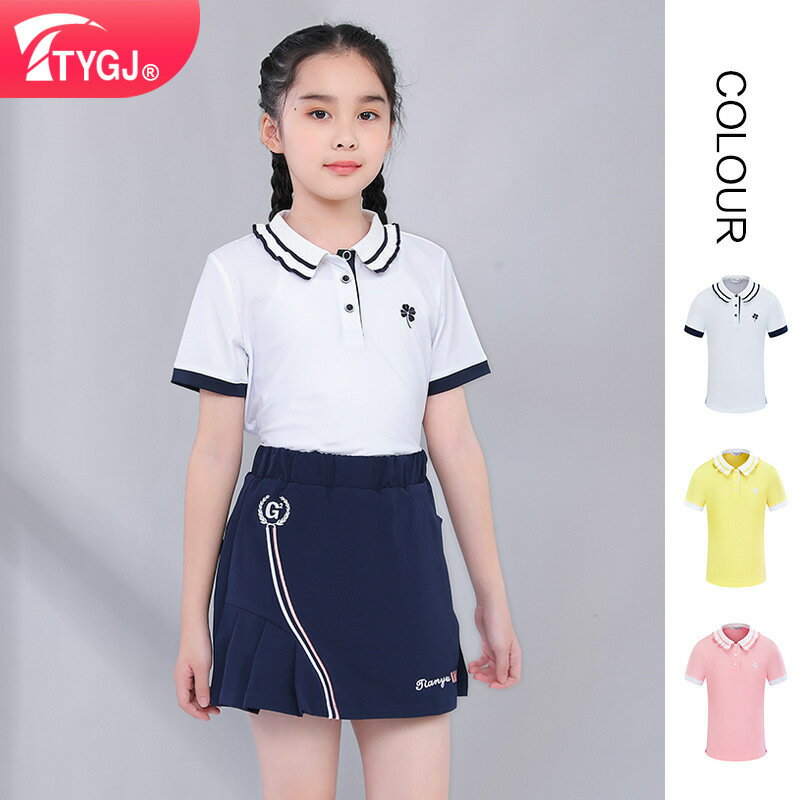TTYGJ高爾夫服裝短袖POLO衫運動T恤 女童荷葉邊翻領純色上衣