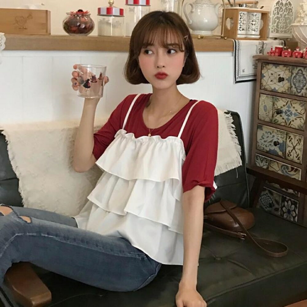 背心 2019新款春夏韓版女士套裝蛋糕吊帶背心上衣 純色短袖T恤兩件套潮 曼慕衣櫃