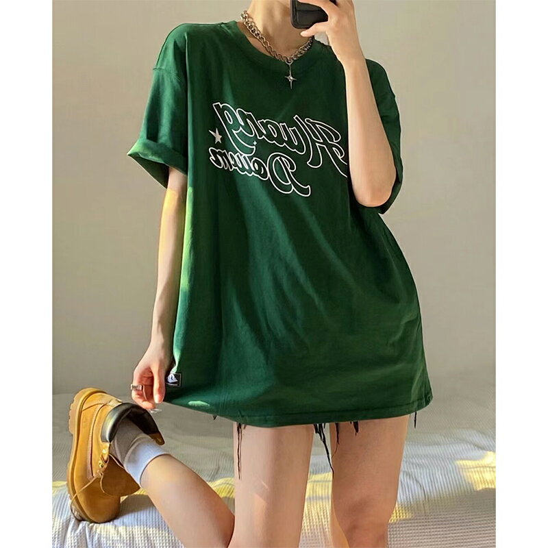 美式復古綠色短袖t恤女夏寬松韓版ins設計感小眾vintage半袖上衣