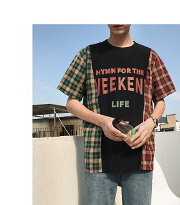 FINDSENSE H1 2018 夏季 日本 個性 拼接格子 印花 T恤 潮流 寬鬆 短袖 時尚 男 體恤 上衣
