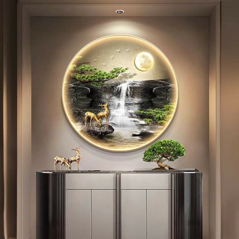 免運 裝飾畫 玄關裝飾畫 風水 流水生財圓形玄關裝飾畫新中式山水走廊過道掛畫客廳入戶帶燈壁畫 可開發票 全館六折 工廠現貨直銷 新品特價 c11122