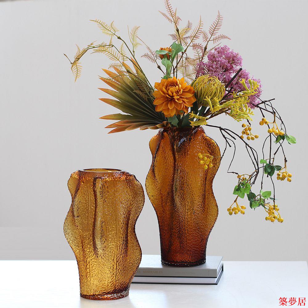 免運 公司貨 附發票 花瓶 玻璃花瓶 花器 插花花瓶 創意簡約高階棕灰色大口手工玻璃水培花瓶家居軟裝臺面餐桌擺件
