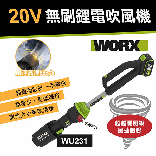 【WORX威克士】20V 無刷鋰電吹風機 WU231 大面積吹風 噴槍 除塵 鼓風機 兩段風速 吹灰機 露營 悠遊戶外