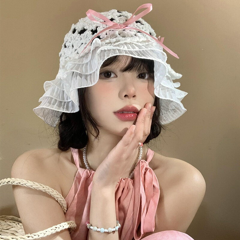 針織鏤空蝴蝶結漁夫帽女遮陽防曬顯臉小蕾絲盆帽日系大頭圍帽子潮