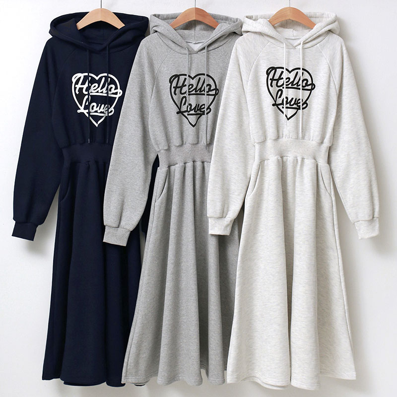 ANNAS 正韓愛心刷毛連帽字母縮腰洋裝 長裙 長洋裝 連身裙 加絨 加厚 棉質 保暖 休閒 韓國 1