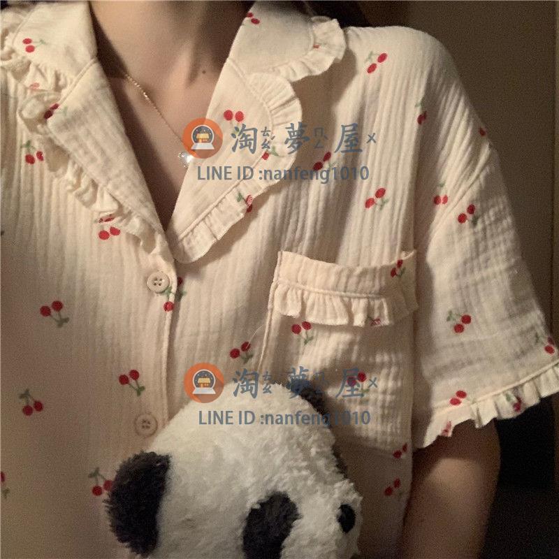 櫻桃木耳邊短袖短褲睡衣女夏季甜美碎花 純棉紗少女家居服套裝【淘夢屋】