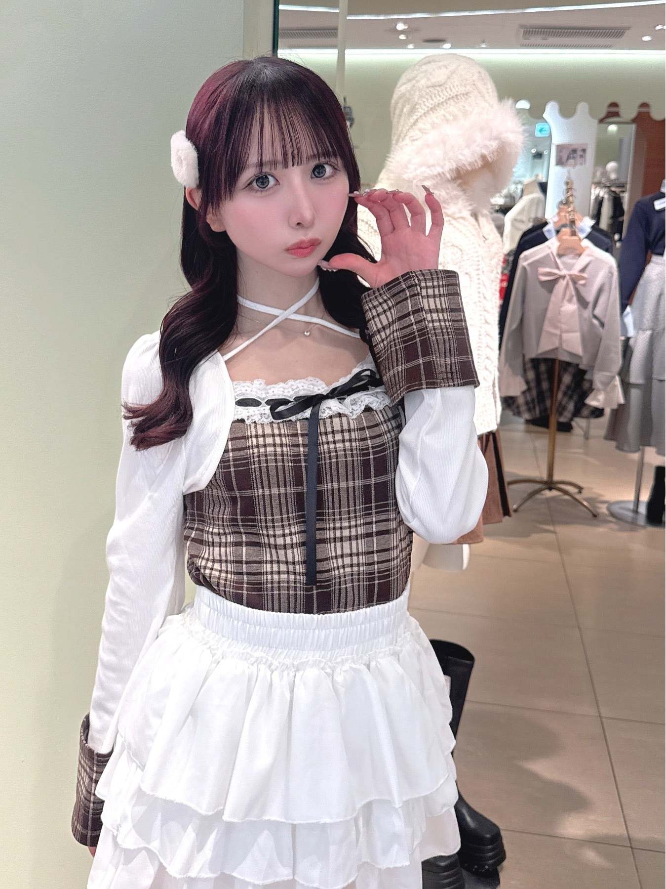 one way日系26年春季新款氣質甜美掛脖格紋拼接蕾絲上衣