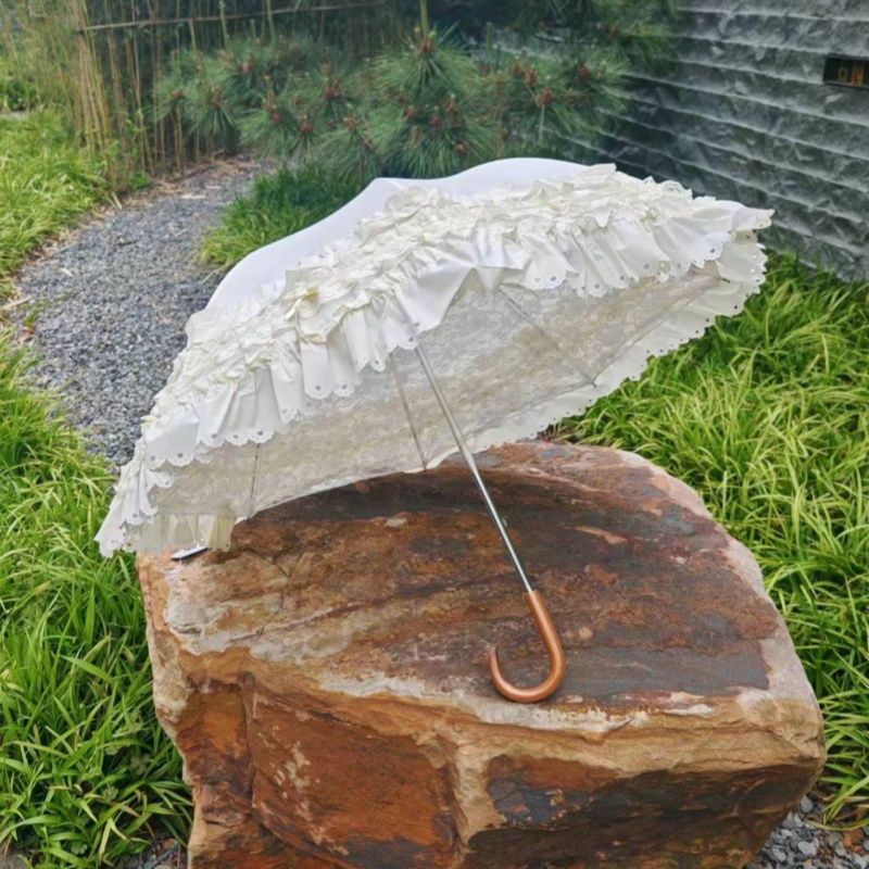 免運/ 可開票 快速出貨 lolita多層蕾絲花邊小長柄晴雨傘法國抽拉浪漫宮廷公主蕾絲防曬傘