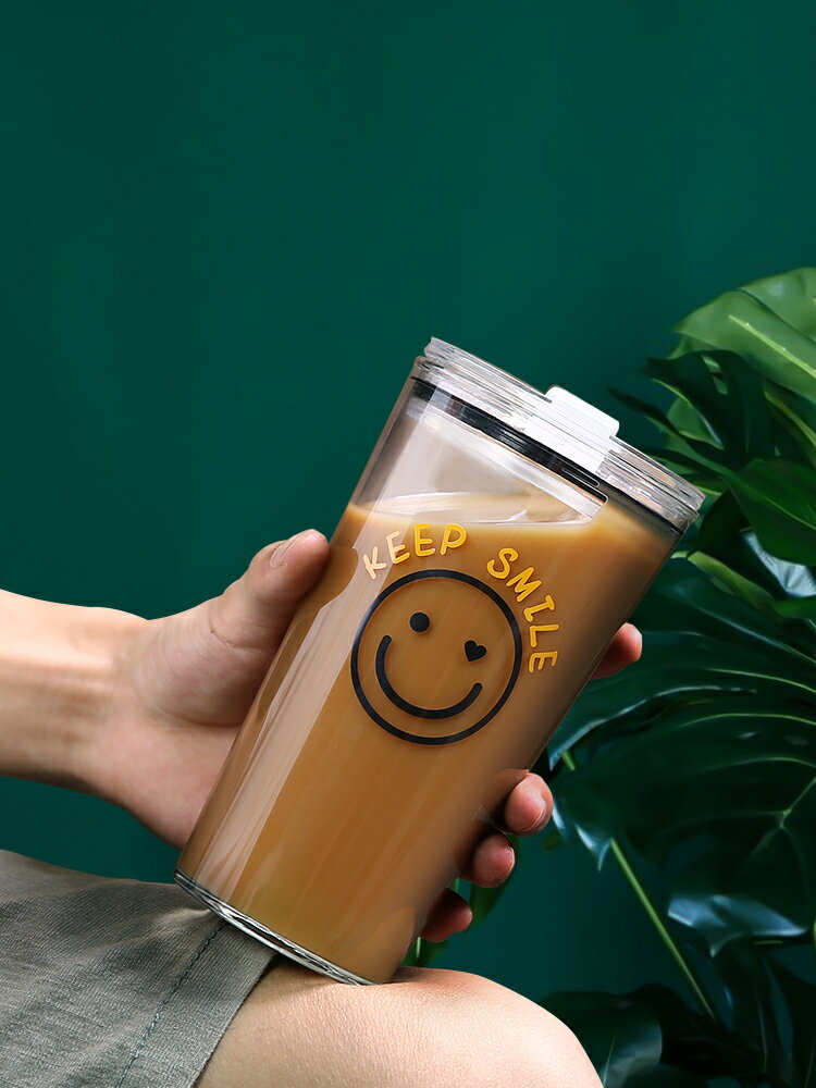 網紅吸管杯水杯玻璃杯子家用女帶吸管飲料奶茶杯便攜咖啡杯大容量