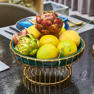 創意北歐輕奢風金屬果盤家用客廳茶幾美式高檔墨綠陶瓷水果盤裝飾