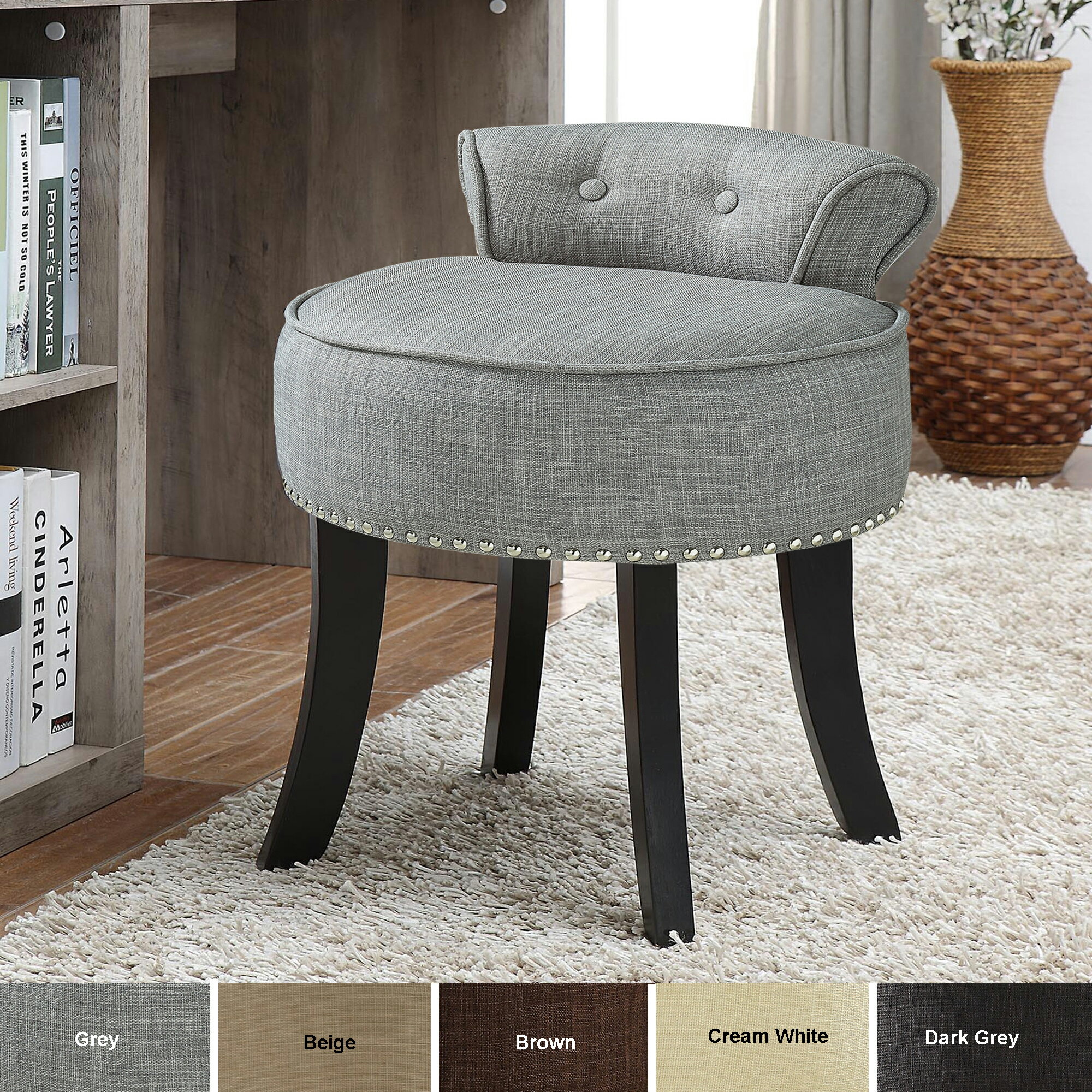 Ingrid Linen Vanity Stool Nailhead Trim Roll Back Button Tufted Bedroom Inspired Home