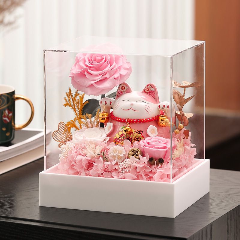 【台灣公司 可開發票】永生花招財貓玫瑰創意擺件亞克力禮盒送老婆女朋友情人節生日禮物 2