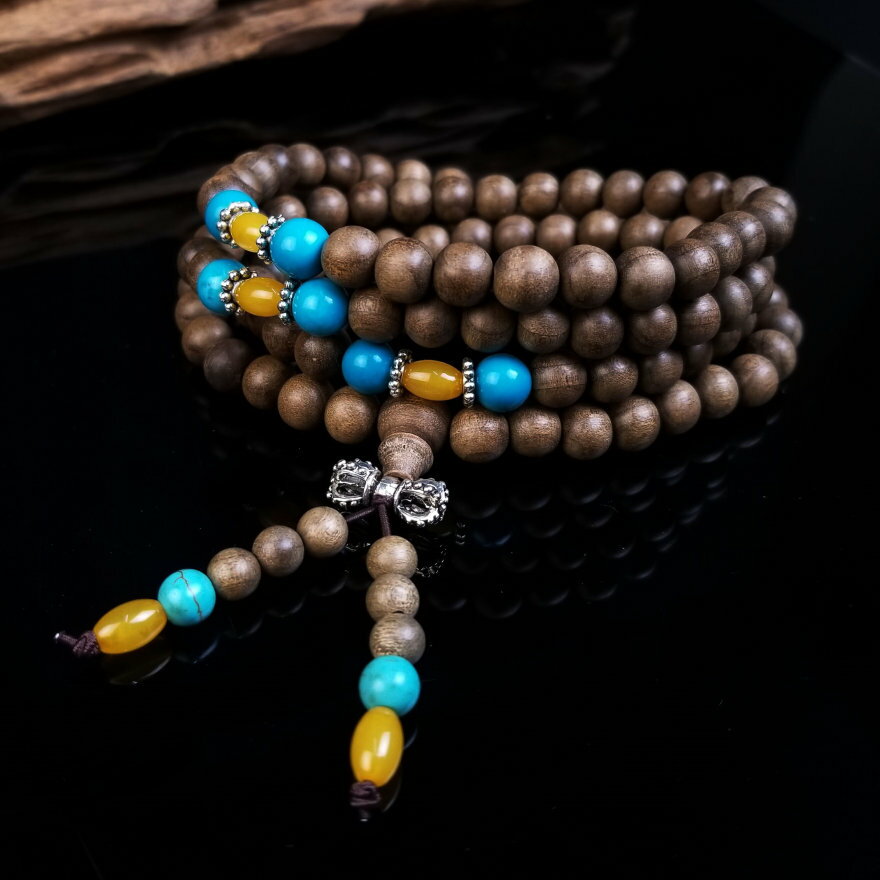木檀世家古金絲楠木項鏈手串手鏈 108粒8mm 間綠松石藏銀念珠佛珠