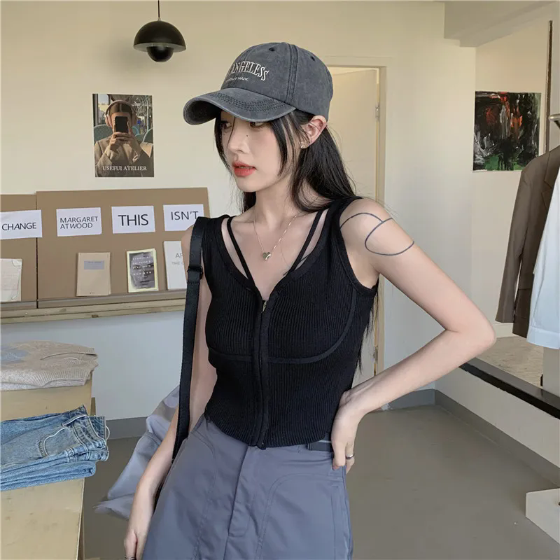 女士背心 小可愛 辣妹無袖上衣 針織拉鏈小背心 女夏短款吊帶 露臍內搭打底衫 修身外穿上衣 女生背心【不二雜貨】
