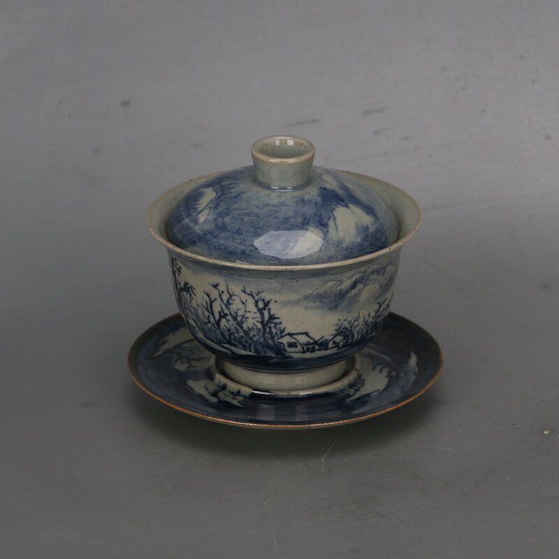 景德鎮青花手繪山水雪景三才蓋碗 鐵胎泥全手工開片瓷器收藏擺件