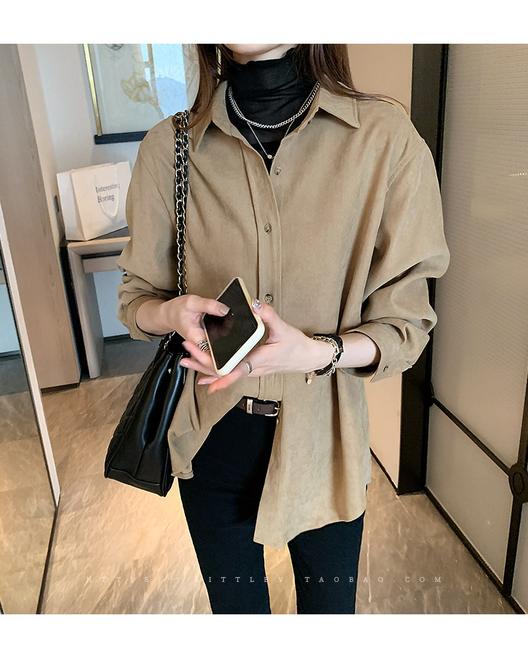 女裝 外套 韓系風 氣質上衣 韓版  襯衫女秋冬疊穿設計感上衣燈芯絨復古港味長袖磨毛白襯衣外套 0