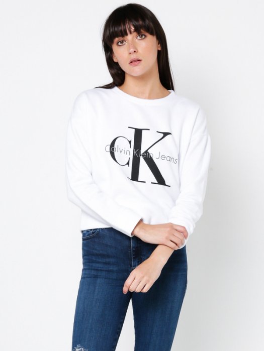 美國百分百【Calvin Klein】T恤 CK 女 長袖 大學T 寬鬆版 T-shirt 白色 XS-M號 I053