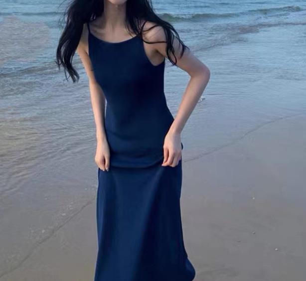 楓林宜居 克萊因藍色吊帶裙子法式無袖收腰連衣裙2023夏季海邊度假三亞穿搭