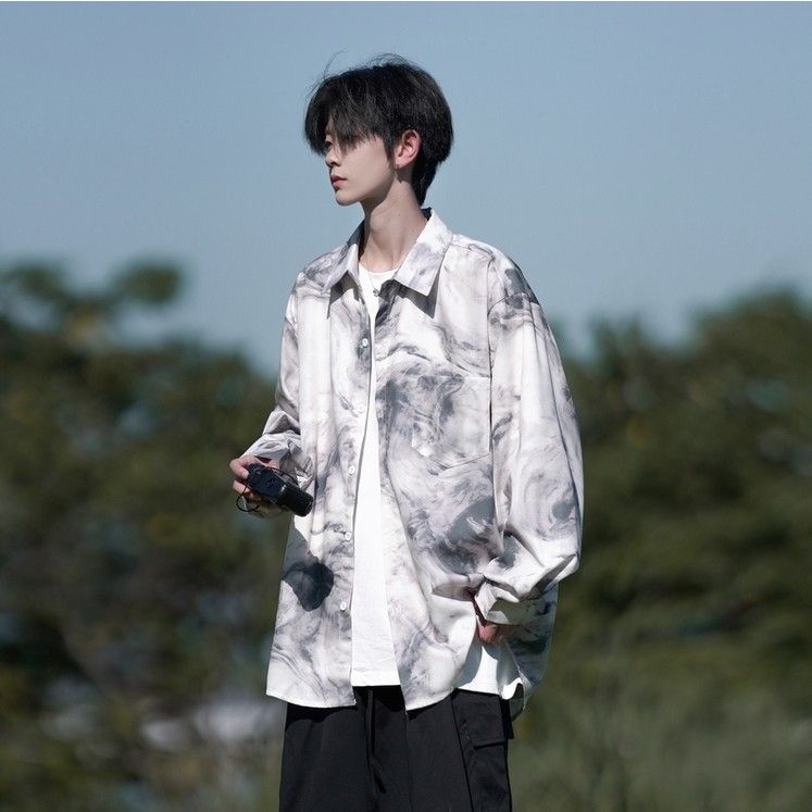 扎染長袖襯衫男士春秋季胖子大碼襯衣港風百搭潮流休閑寬松外套男-益三禾
