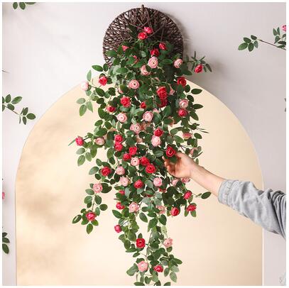 仿真藤條綠葉裝飾客廳牆壁塑料絹布假花藤蔓陽台壁掛玫瑰花卉掛件