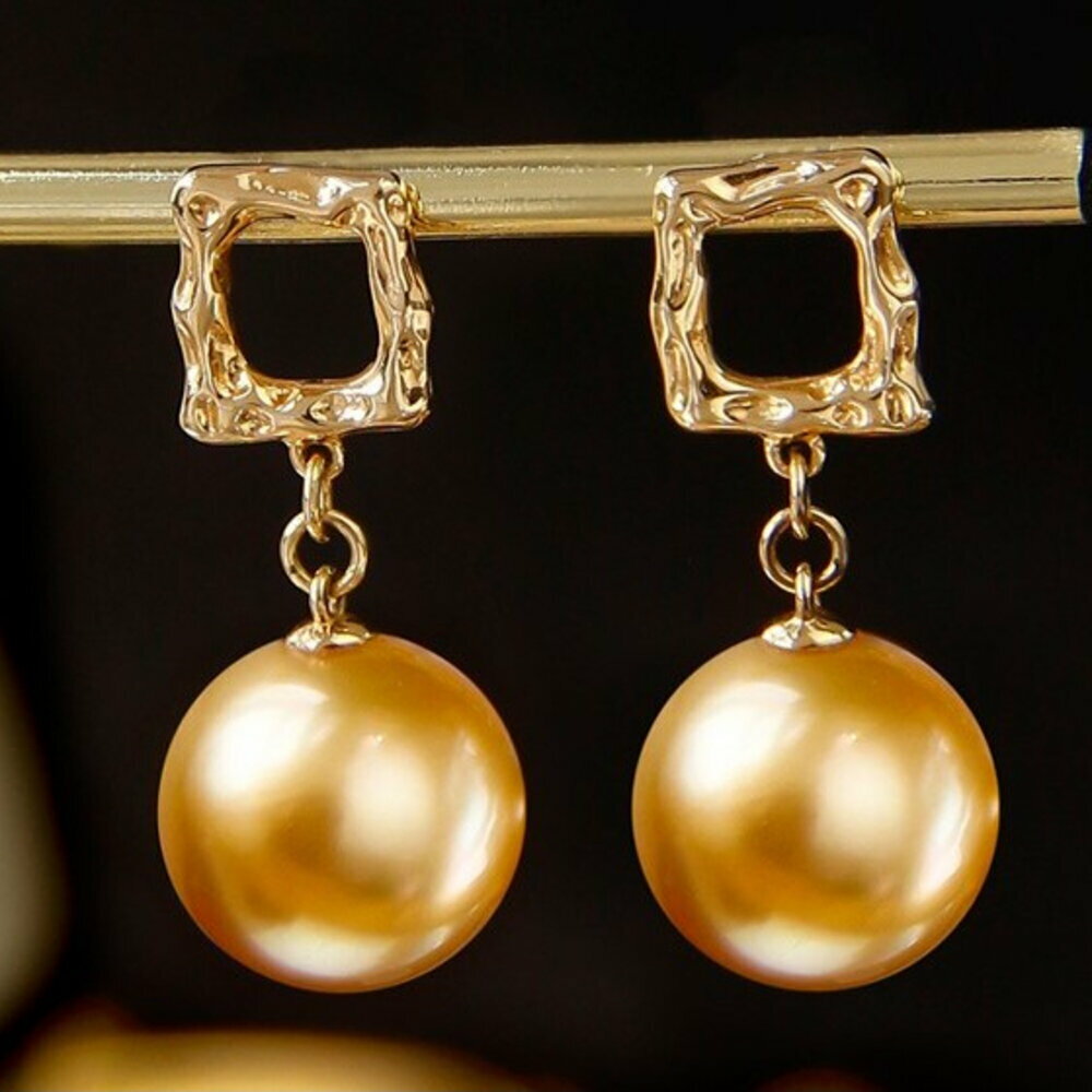 【醇想珠寶】芝士餅乾 南洋金珠 耳釘 18K 金 天然海水珍珠 11.5-12mm 優雅 氣質 珍珠耳飾