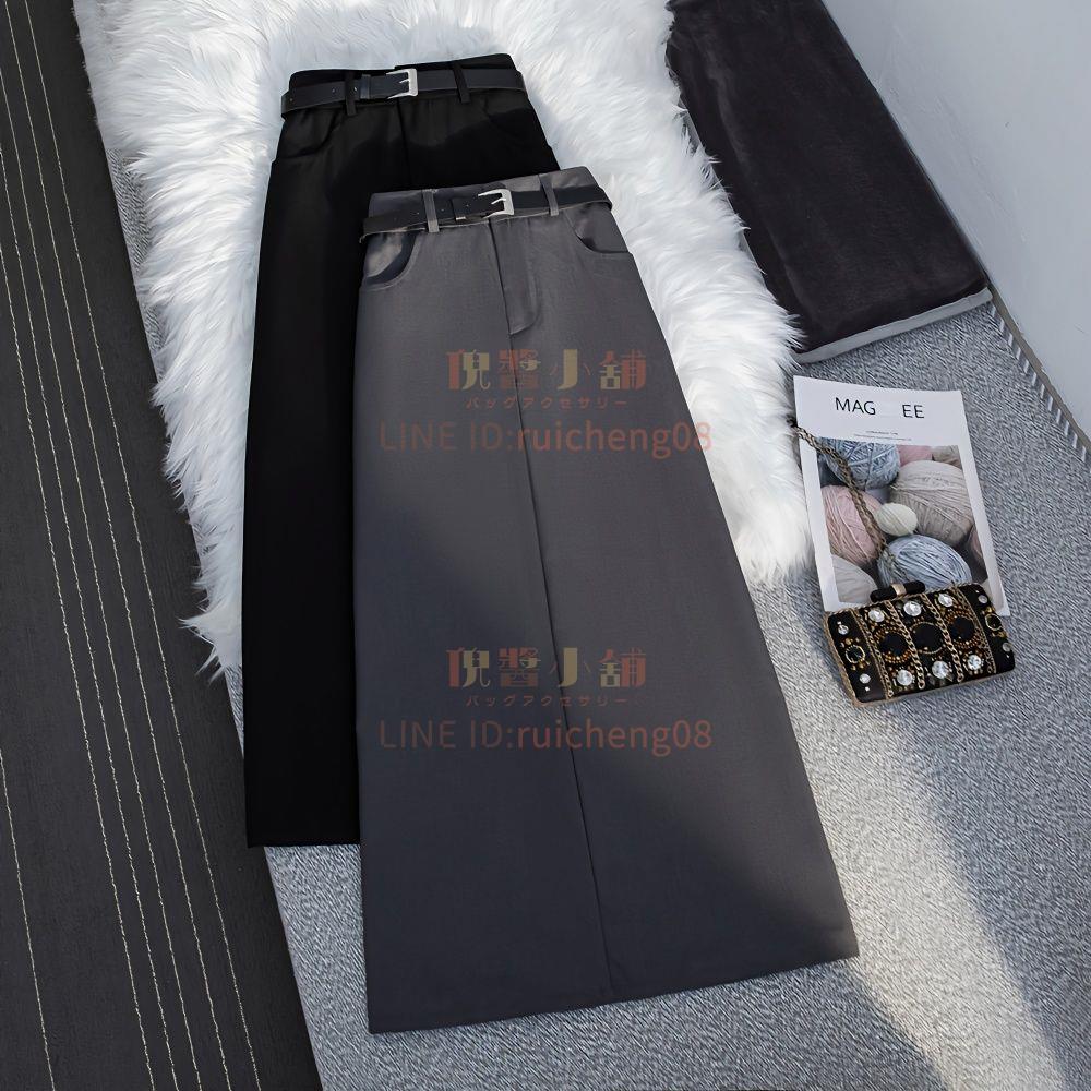 灰色西裝半身裙女休閒高腰顯瘦遮胯包臀裙開叉一步中長裙時尚春季新款