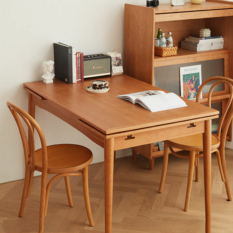 可伸縮折疊 餐桌 家用 小戶型 實木 櫻桃木 北歐日式原木長方形桌椅組合