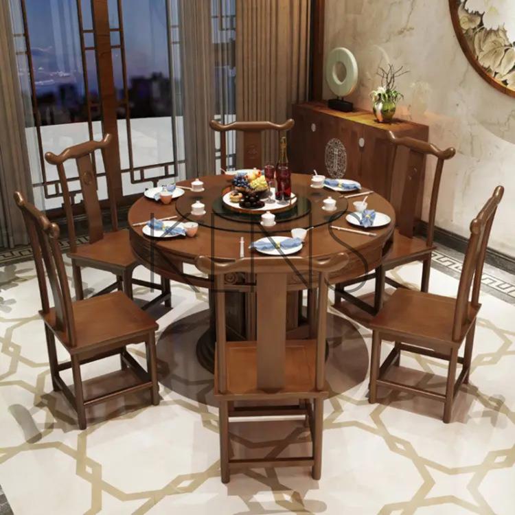 餐桌 中式仿古明清家具實木雕花椅組合酒樓飯店餐館圓桌飯桌帶轉盤