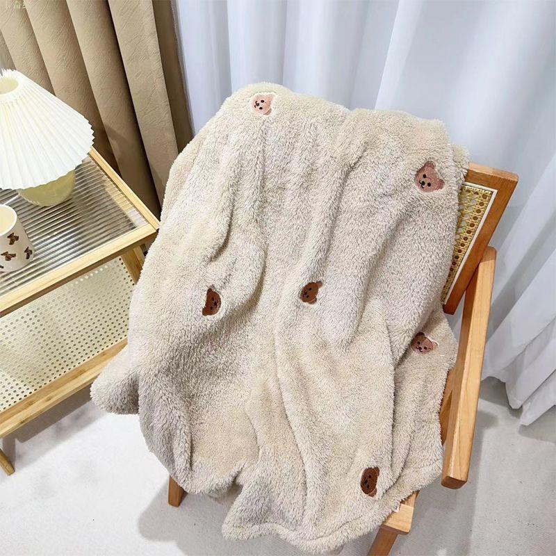 ins北歐風刺繡可愛小熊加厚雙面絨毯宿舍保暖蓋毯休閑沙發電視毯