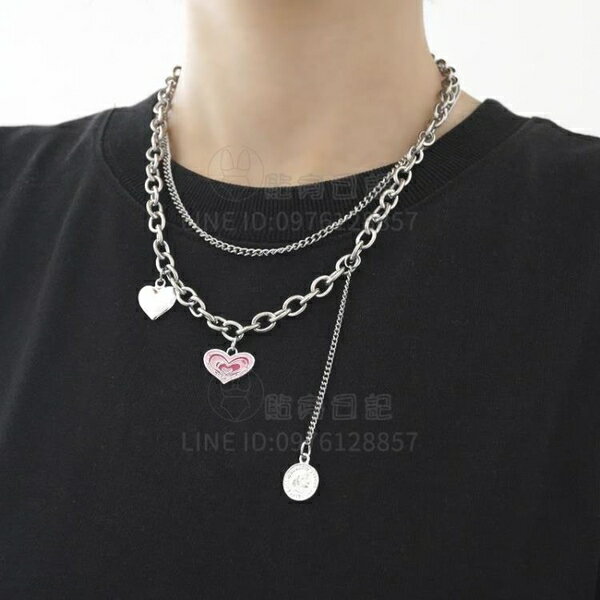 項鏈粉色愛心小硬幣流蘇雙層疊戴項鏈冷淡風女配飾小眾飾品【倪醬小鋪】