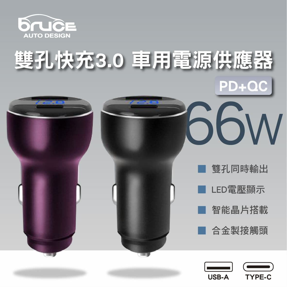 【4%點數】真便宜 BRUCE喬楀 PD+QC雙孔快充3.0 車用電源供應器 66W【限定樂天APP下單享點數回饋】