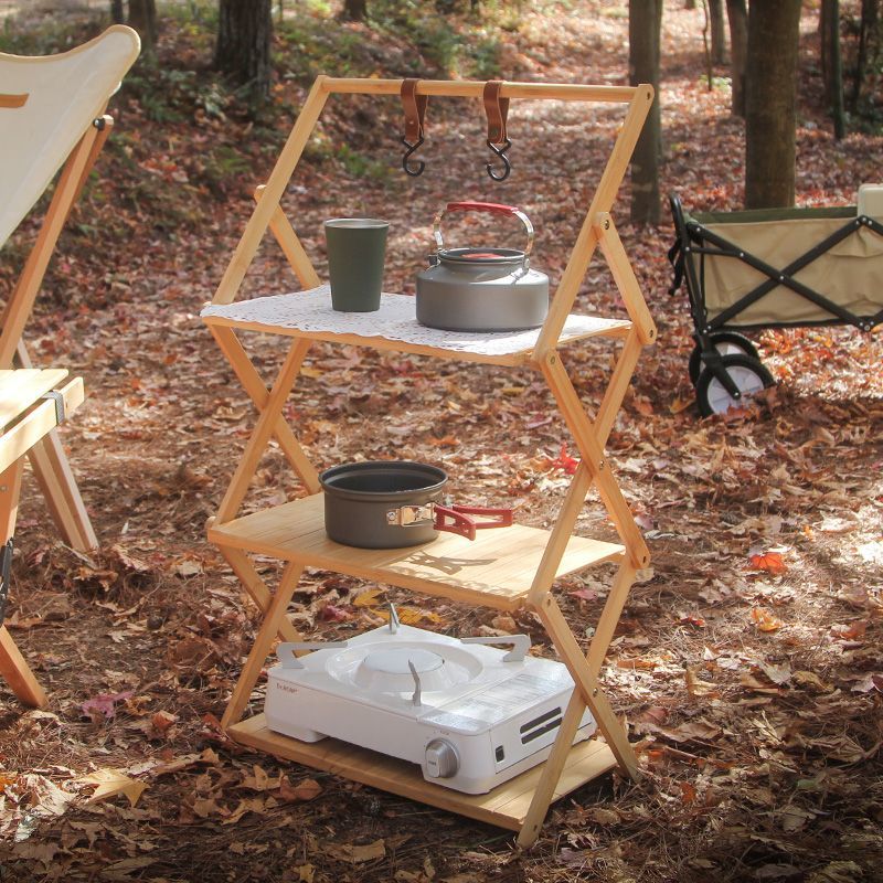 【免運】可開發票 戶外露營便攜置物架跨境野餐多功能自駕游多層日式竹木折疊置物架
