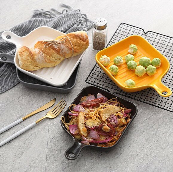 ins北歐創意陶瓷早餐盤西餐陶瓷單柄烤盤雙耳盤子家用餐具烤箱用