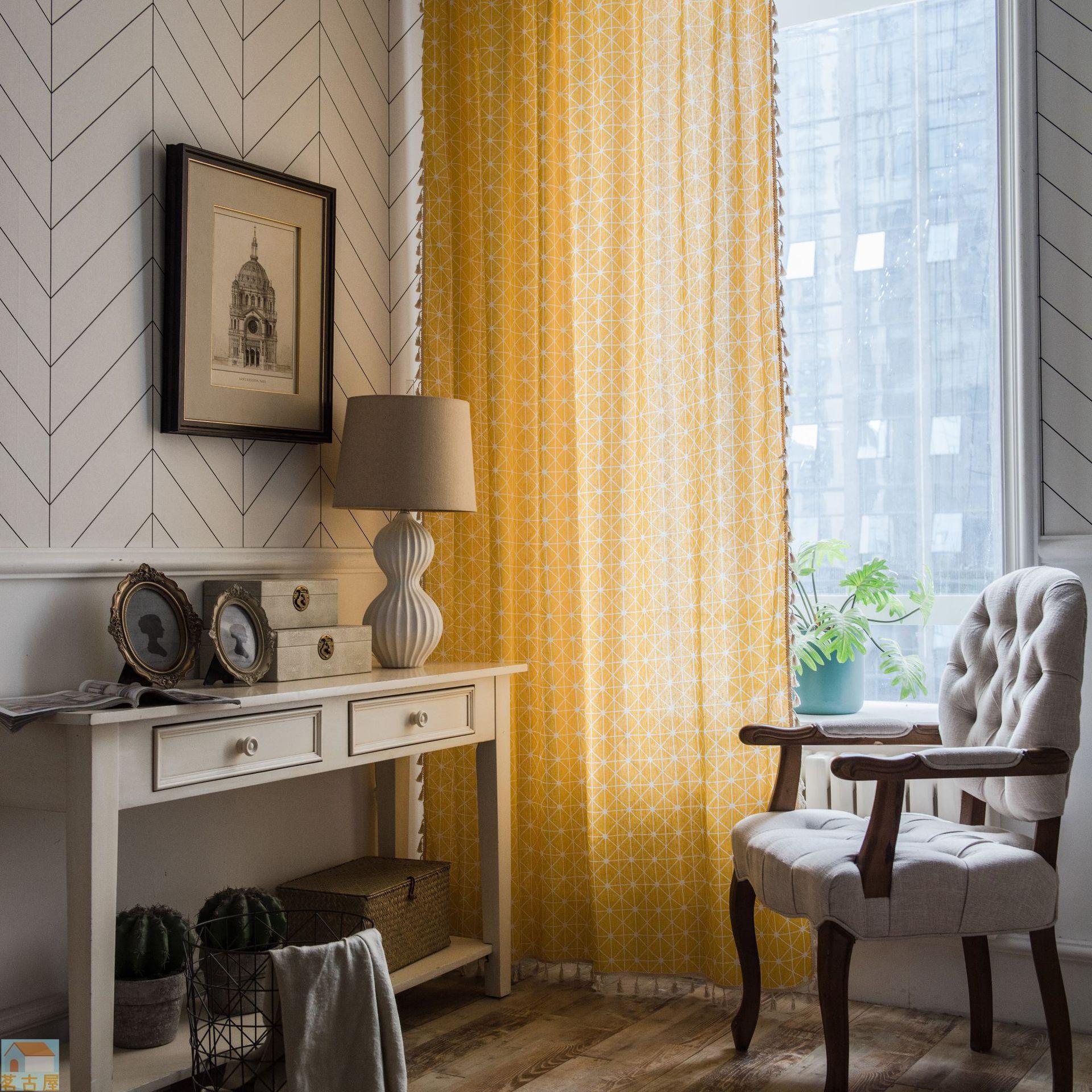 成品窗簾黃色幾何流蘇日式小窗廚房簾半遮光飄窗單片