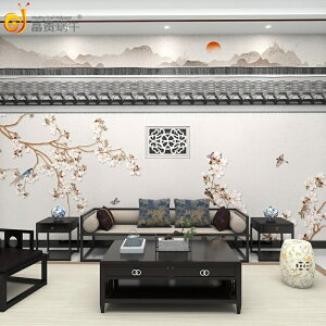 新中式花鳥電視背景墻紙3D立體屋檐無縫墻布客廳飯店簡約古風壁紙