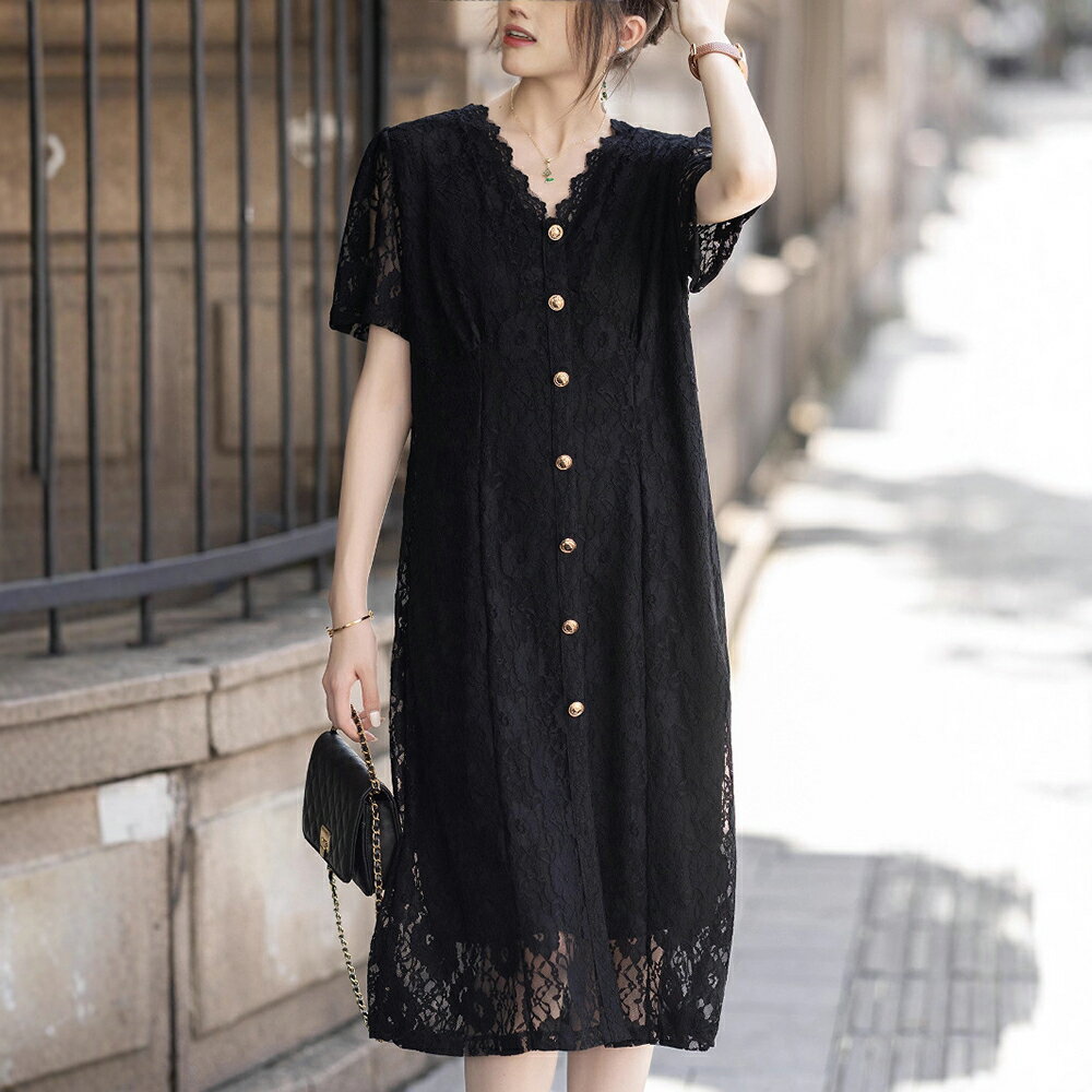 ＊ORead＊V領蕾絲洋裝(黑色S~4XL)