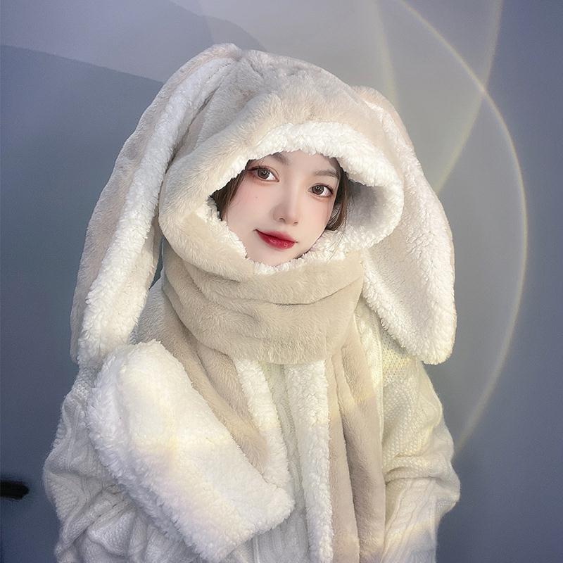 甜美可愛兔耳朵毛絨圍脖冬天防寒保暖連體帽子圍巾手套一體三件套