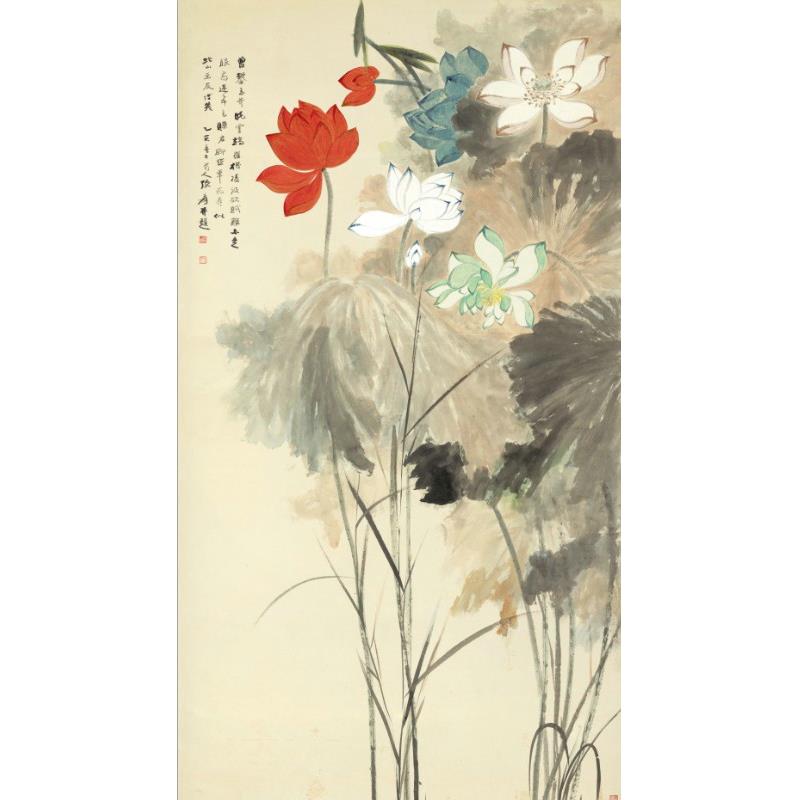 仿古畫名畫復制品張大千五色荷花畫心花鳥畫名人字畫水墨畫名畫| 銀聯網