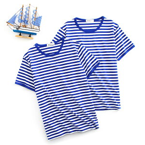 夏季海魂衫男短袖t恤定制 水手服學院風純棉半袖藍白條紋情侶裝