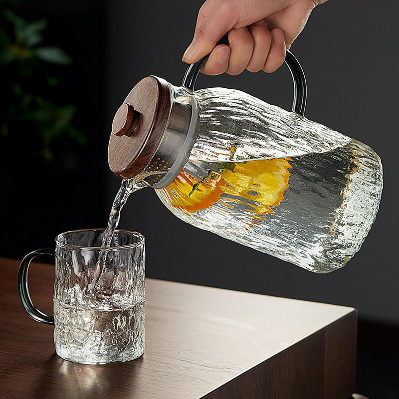日式錘紋冷水壺玻璃加厚耐高溫家用大容量直身泡茶壺帶過濾涼水壺