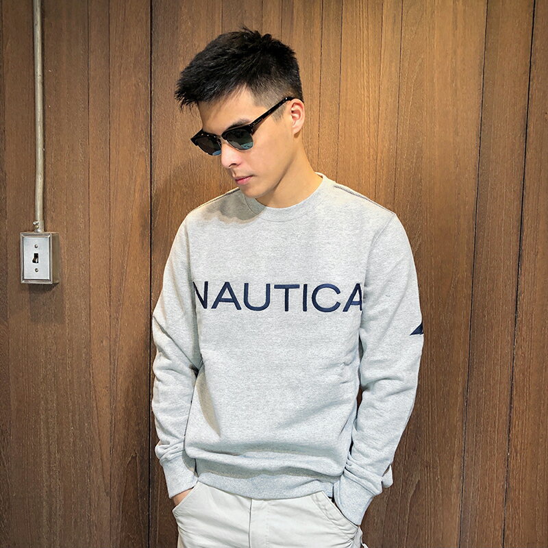 美國百分百【全新真品】Nautica 帆船牌 大學T 圓領 T恤 長袖 長T 上衣 男款 灰色 XS號 AF11