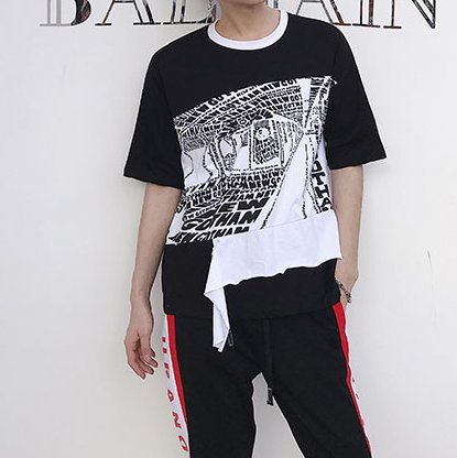FINDSENSE H1夏季 新款 韓國 街頭 嘻哈 原宿 圖案貼布裝飾 時尚 寬鬆 個性短袖 半袖T恤 潮男上衣